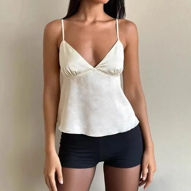 Women Satin Camisole Sexy Deep V Crop Top Fashion Streetwear Camis Summer Slim Casual Tank Top Sleeveless Backless Spaghetti Top — image 4