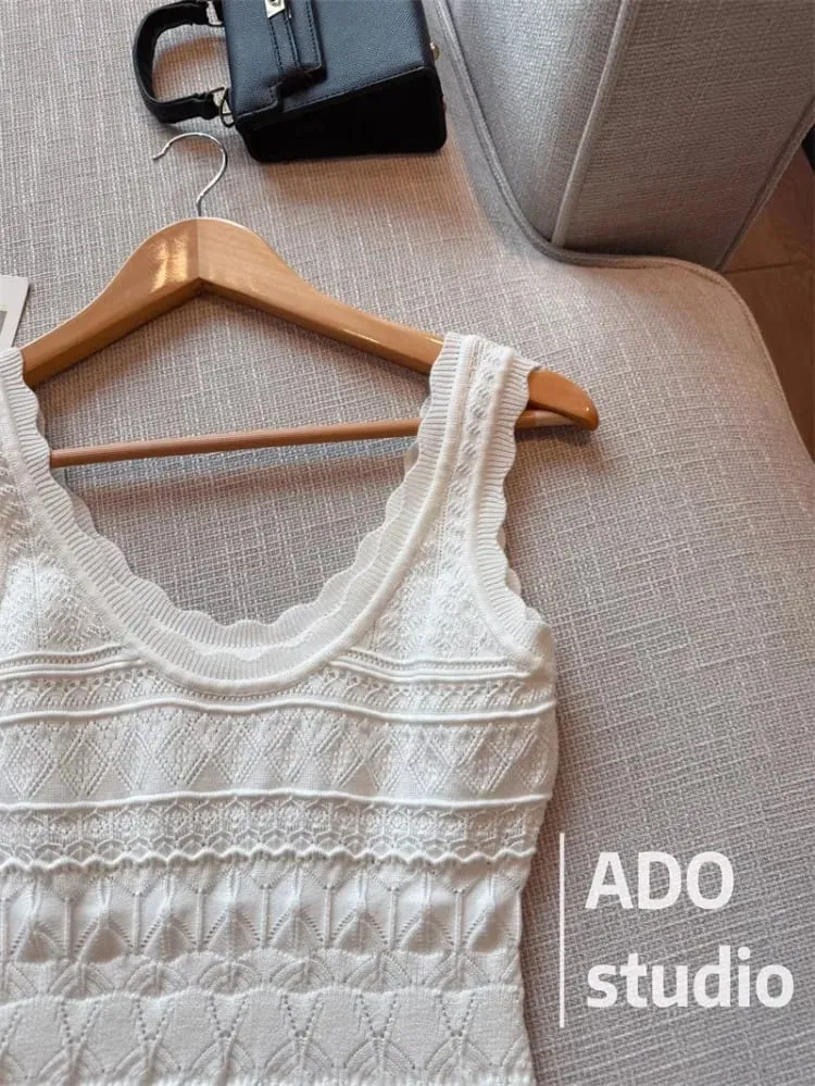 Korobov vestido linha a doce cor sólida com babados vestido colete de malha para mulheres verão estilo francês saia curta vazada — image 6