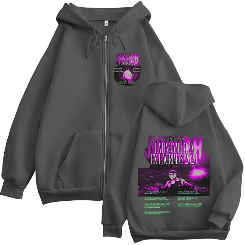 Junior H Latinoamerica En Lagrimas Tour 2026 Zipper Hoodies Men's Women Fashion Casual Zip Up Sweatshirts Pullovers Streetwear