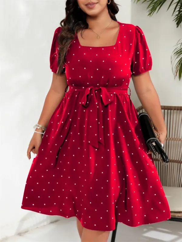 Vestido feminino plus size, gola quadrada, bolinhas, cinto, elegante, retrô, manga bufante, cintura alta, verão, linha a, vestidos grandes — image 5
