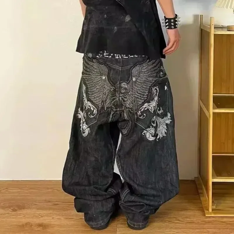 American Y2K Hip Hop Fashion Trend Skull Embroidery Spot Jeans Men Street Loose Straight Wide-leg Pants Couple Oversized Jeans — image 20