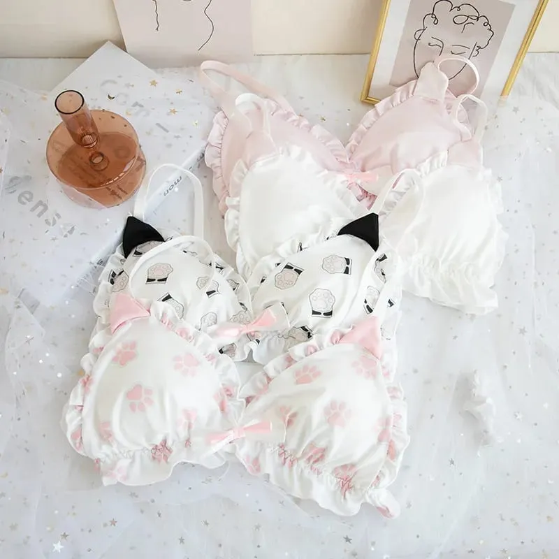 Japanse zachte meisjesbeha set schattig katje pootontwerp melkzijde stof draadvrije driehoekige cup dameslingerie — image 4