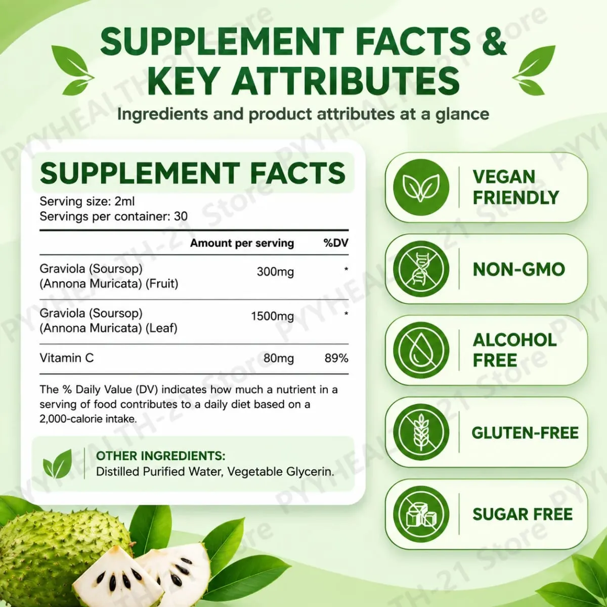 AcentiLabs Soursop Graviola Liquid Drops C-vitamin támogatja az emésztést, az immunrendszert, szabadgyökök elleni védelem 60 ml felnőtteknek — image 3