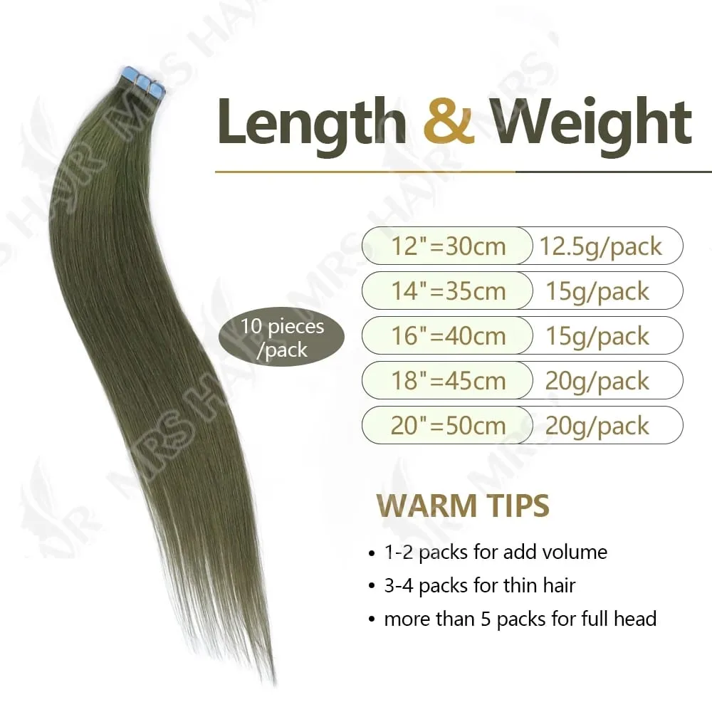 Mini Tape In Hair Extensions Skin Weft Machine-Remy Natural Tape in Extensions Pea Green 10pcs/pack 12-20 inch