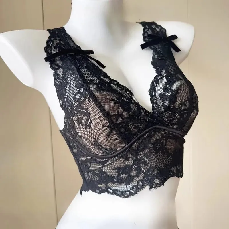 Women's French Lace Bralette Push Up Gathering No Underwire Backless Bra Sets Sheer Lingerie Outerwear Going Out Tops Size S- XL — image 3
