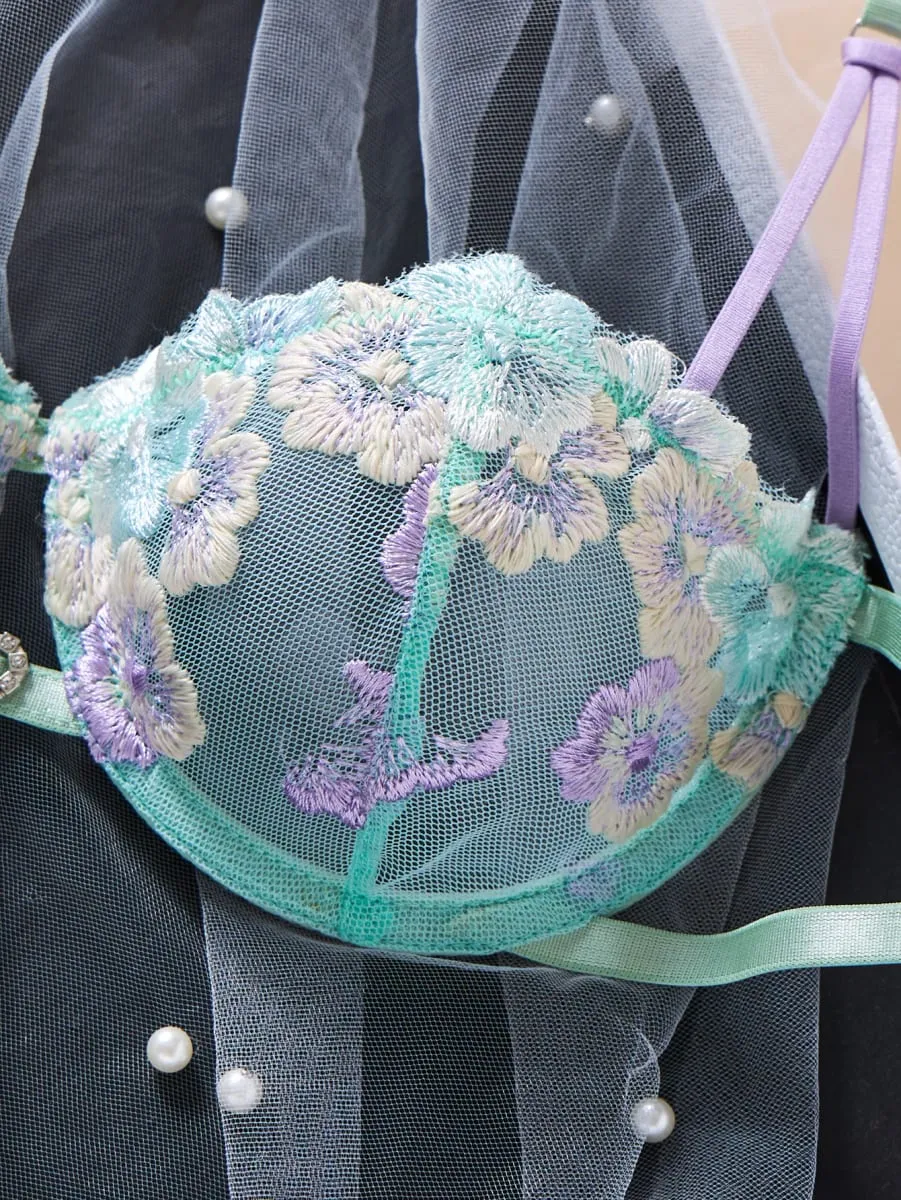 Feminino doce flor bordado conjunto de sutiã de renda com underwire malha transparente lado arco calcinha lingerie romântica S-XL tamanhos — image 5