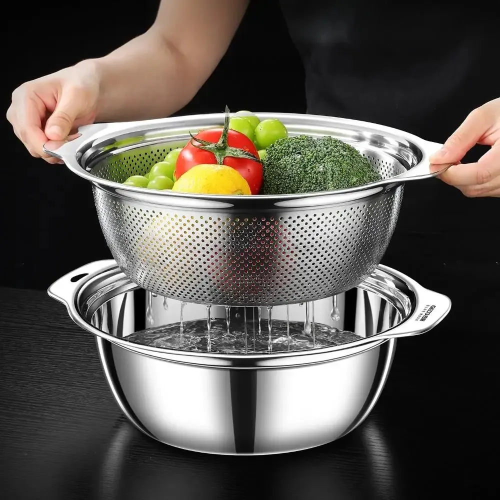 LFGB Certification Kitchen Fruit Vegetable and Rice Washing Basin 23~31cm Diameter Dense Drainage Hole Colander with Side Handle — image 2