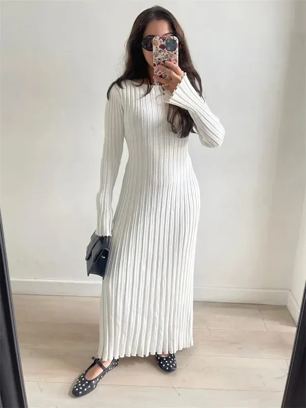 Tossy vestido feminino de malha com cadarço, maxi vestido outono cintura alta moda patchwork manga comprida solto vestido sólido bandagem vestido de malha — image 8