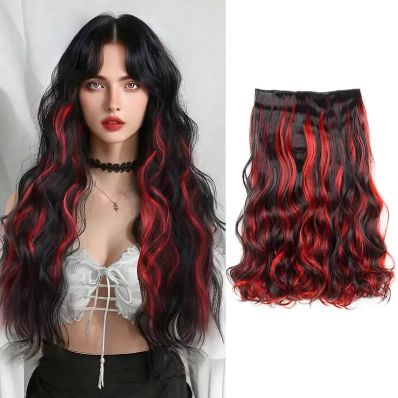 Synthetic 5Clip in Hair Curly Extension 18 Inch Curly Black Mix Blue Highlights Thick Hairpieces Fiber Hair for Women — image 10