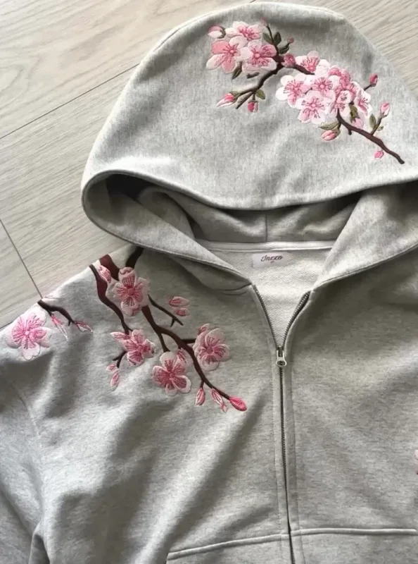 Y2K Vintage Oversized Cherry Blossom Embroidered Hooded Jacket Mens Womens Pink Zipper Coat Harajuku Hip Hop Graphic Streetwear — image 5
