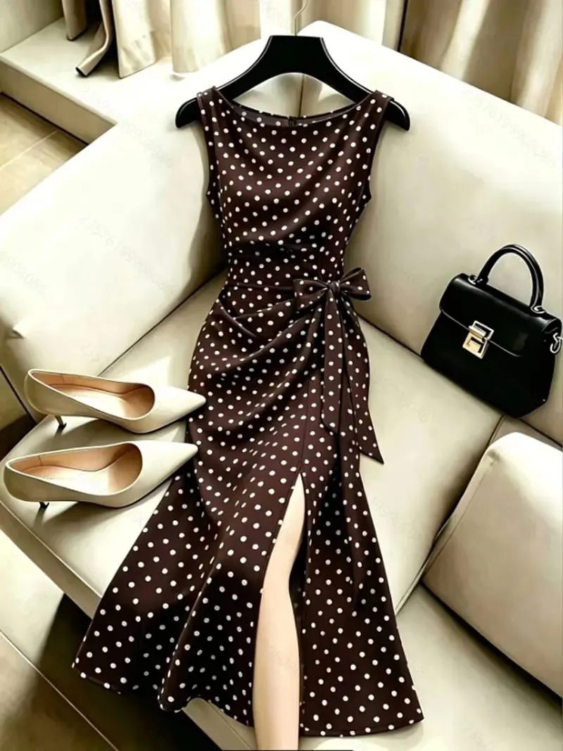 Dresses for Women New Summer Slim Sleeveless O-Neck Women Dress Lace-up Dot A-LINE Dress Women Vestidos De Verano Mujer — image 2