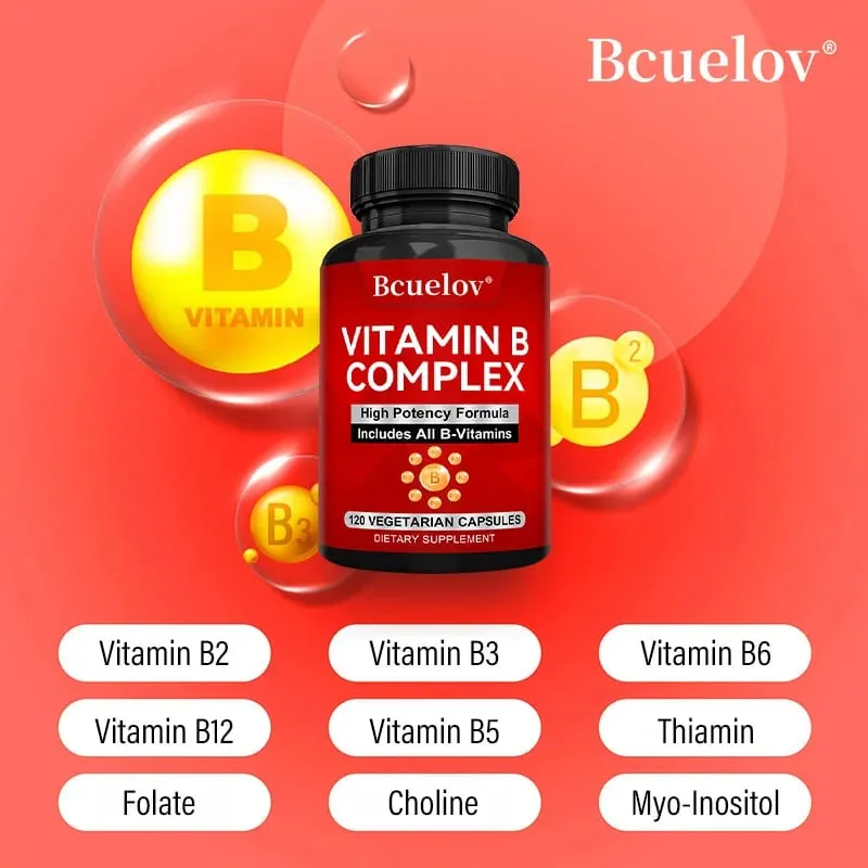 B komplex vitaminok – minden B-vitamin, beleértve a B12 B1 B2 B3 B5 B6 B7 B9 folsavat – Támogatja az egészséges energiaanyagcserét — image 2