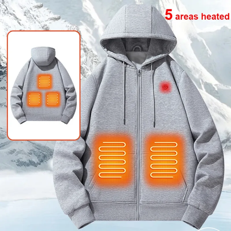 USB Heating Luvtröjor Herr Vinter Eluppvärmda Luvtröjor Jackor Uppvärmd Zipper Hoodie Infraröd 5 Värmeområden Jacka Svart Grå — image 22