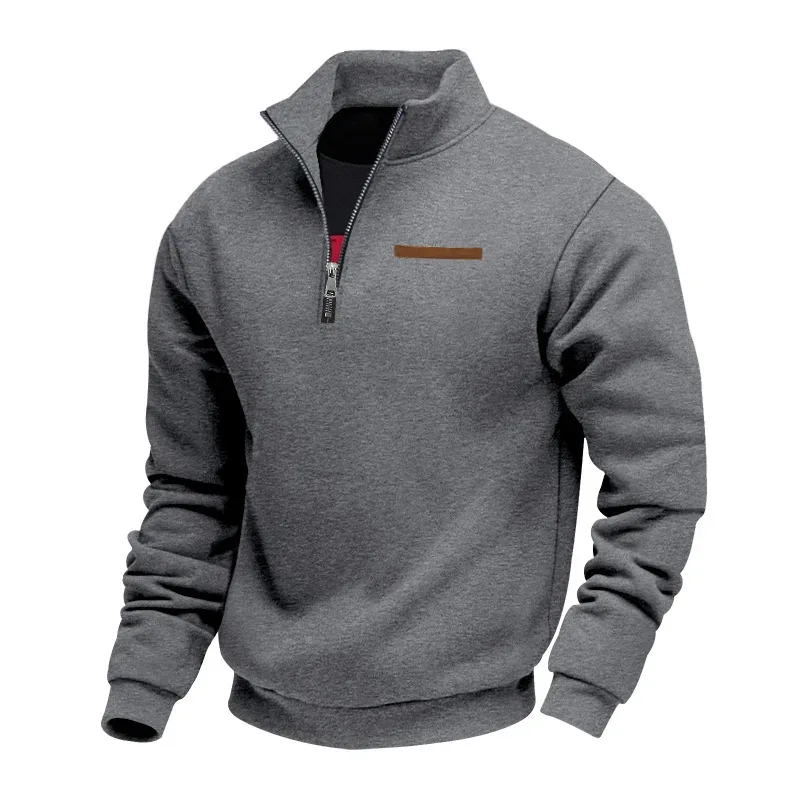 Moletom masculino com zíper com gola alta, pulôver casual de lã quente com listras decorativas no peito — image 4