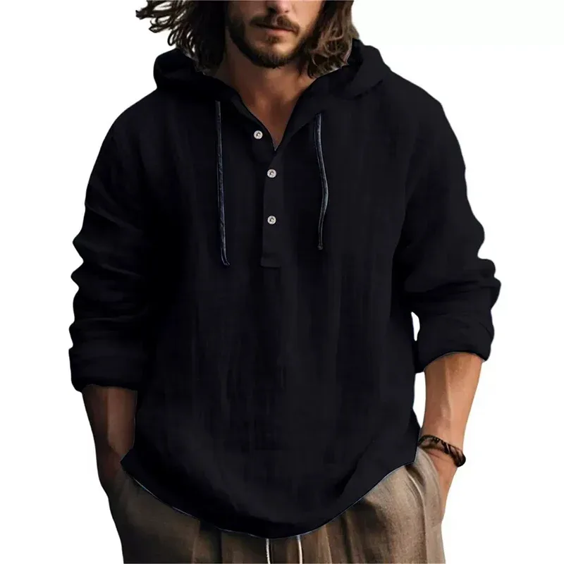 2025 New Men's Casual Blouse Cotton Linen Shirt Maluwag na Mga Nangungunang Long Sleeve Tee Shirt Spring Autumn Casual Men's Shirt Hoodie — image 1