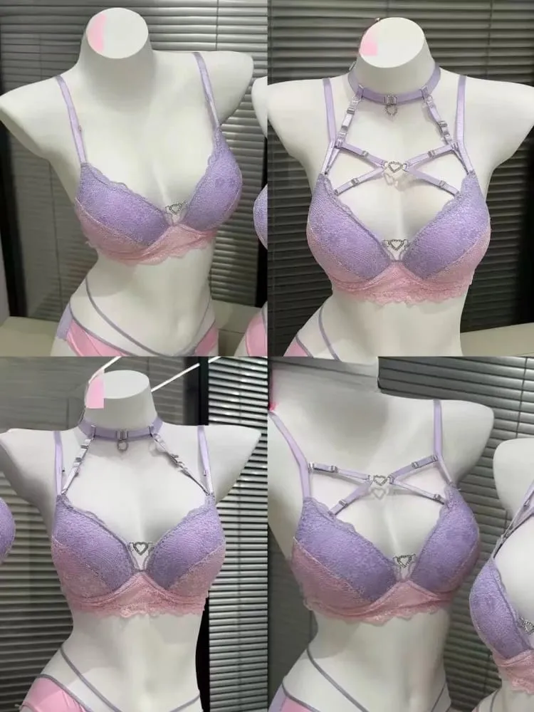 Chic Hollow Lace Tie Strap Lingerie Set Sexy Push Up Brassiere Gathering Ladies Fashion Inner Underwear Set 32 34 36 38 — image 3