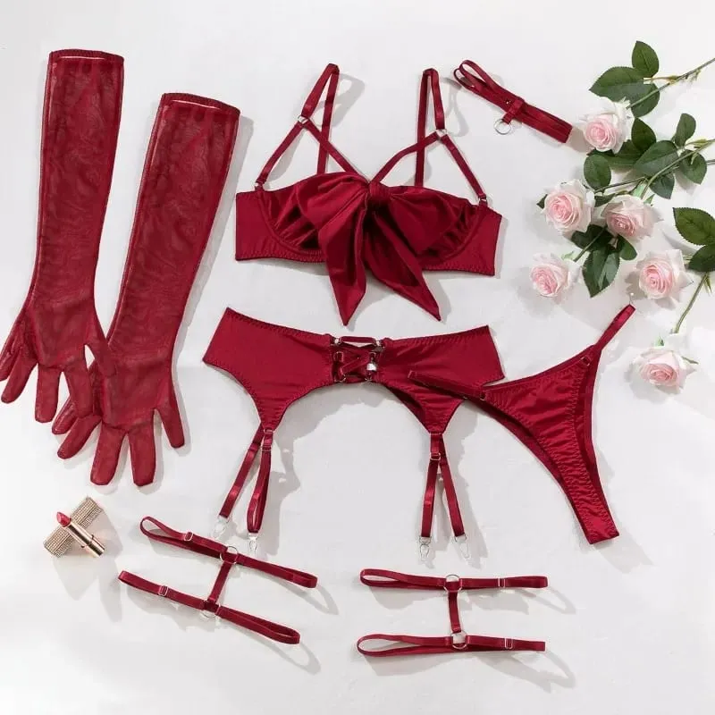 Women 4 Piece Sexy Lingerie Set Hollow Out Gathered Push Up Bra Bow Decor Waist Belt Black Matching Underwear Sleep Nightwear — image 4