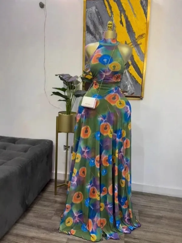 Feminino impresso sem mangas com faixas ajuste e alargamento a linha maxi vestido 2026 streetwear praia férias vestidos longos — image 11