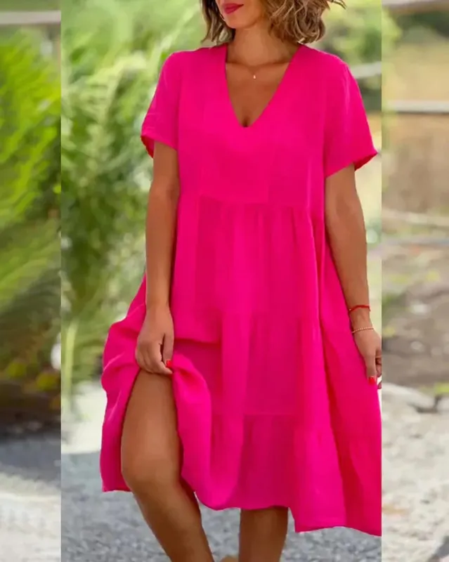 Vestidos femininos casuais de linho de algodão 2025 primavera/verão doce manga curta sólida decote em v grande balanço vestido solto S-5XL