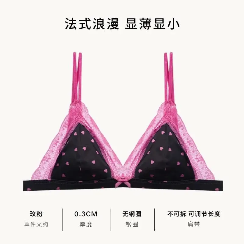 French Satin Lace Triangle Bra Set Wireless Thin Cup Small Bust Push Up Lingerie Side Support Anti Sag Sexy Women Underwear S-XL — image 12