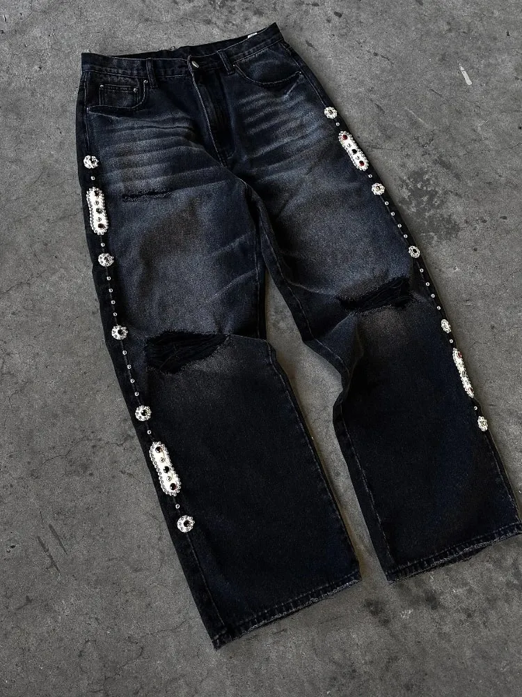 Mens Jeans Punk Vintage Streetwear Black Wide Leg Denim Pants Rhinestone Pearl Decor Ripped Distressed Loose Fit Y2K Fashion — image 6