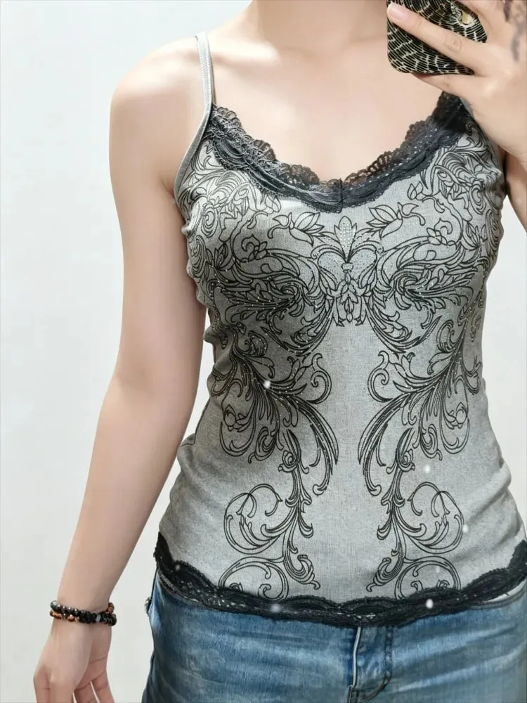 Punk Hottie Vintage Diamonds Print Camisole Vest Women American Sexy Outerwear Slim Patchwork Lace Tanks Gothic Y2k Crop Tops — image 3