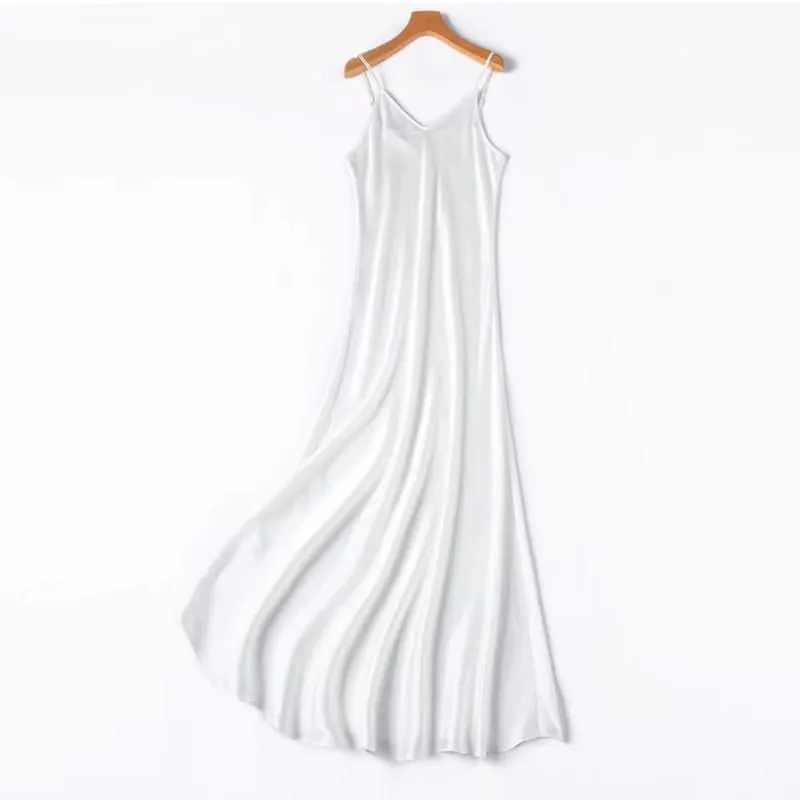 2026 Pambabaeng Fashion Bagong 21MM 100% Natural Mulberry Silk Plain Satin Extended French Sexy Adjustable Shoulder Strap Solid Dress — image 19