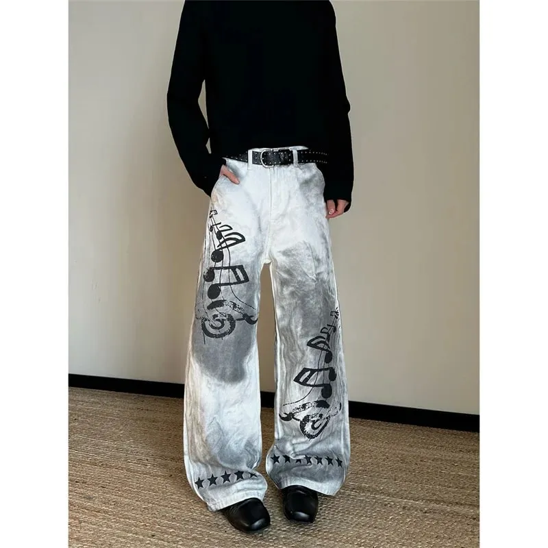 2026 New Retro Graffiti Printed White Baggy Jeans For Men High Street Straight Wide Leg Denim Pants Hip Hop Graphic Y2K Jean