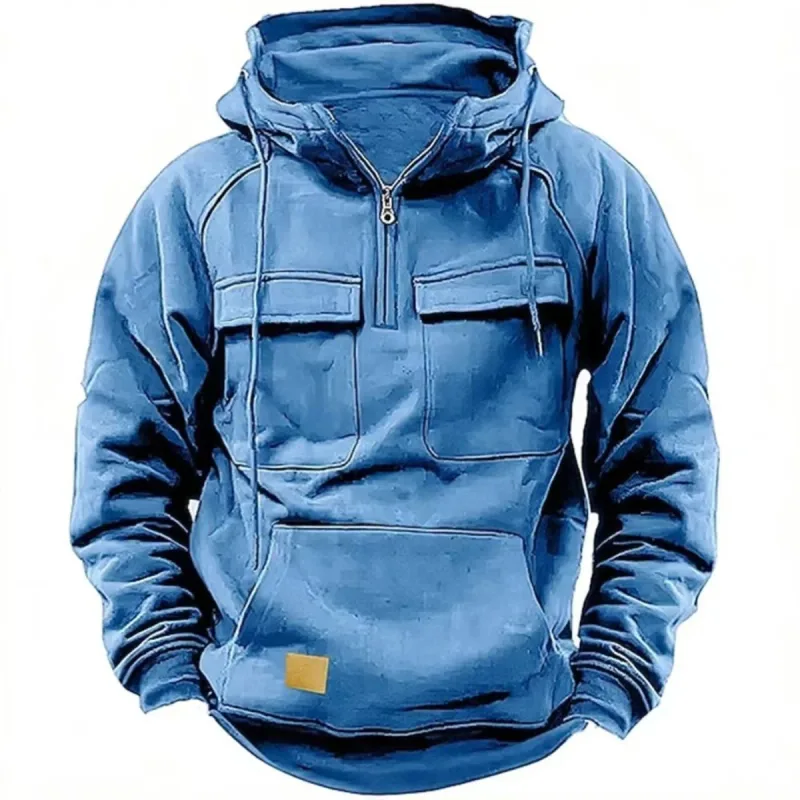 Novo outono-inverno masculino com capuz de cor sólida casual hoodie-moda jovem homem multi-bolso remendo moletom com capuz pulôver camisa — image 8