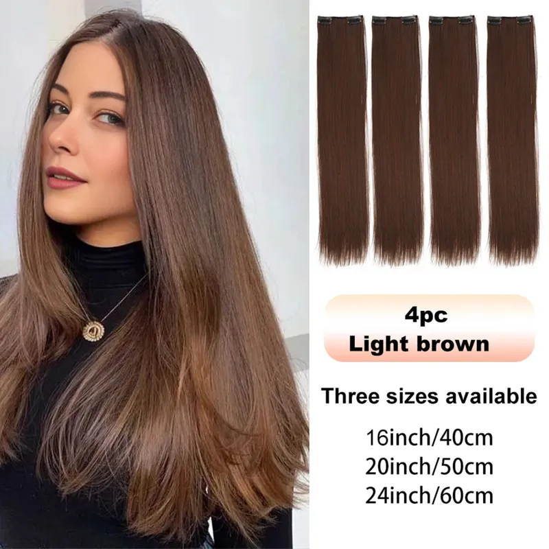 4PCS synthetic hair extension piece long straight hair wig clip heat-resistant wig piece extension on a woman's hair — image 8