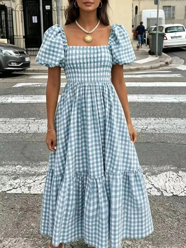 Women's Gingham Maxi Dress Square Neck Puff Sleeve Tiered Ruffle Hem Smocked Waist Casual Long Dress