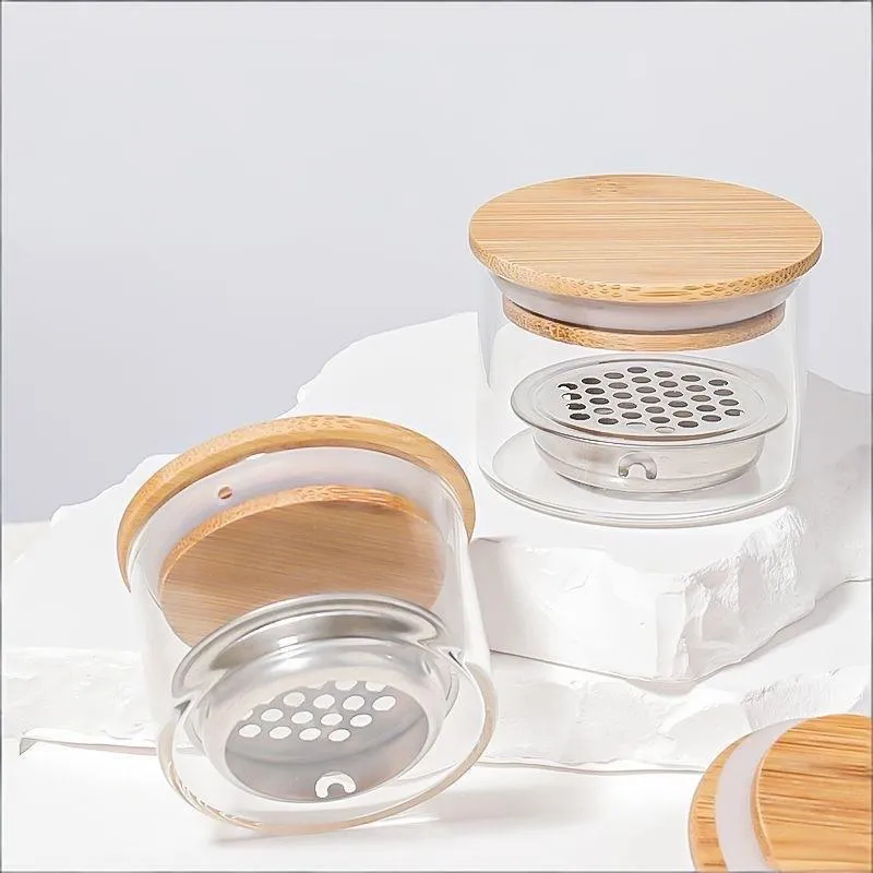 1PC Transparent Glass Nail Brush Cleaner Cup Round With Wood Lid Brushes Washing Cup Stainless Steel Mesh Nail Brush Cleaner.