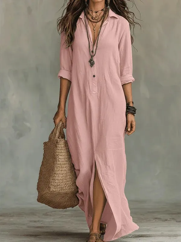 Casual Long Sleeve Loose Maxi Dress Women 2026 Summer Solid Color Turn-down Collar Beach Long Dresses Elegant Vestidos — image 6