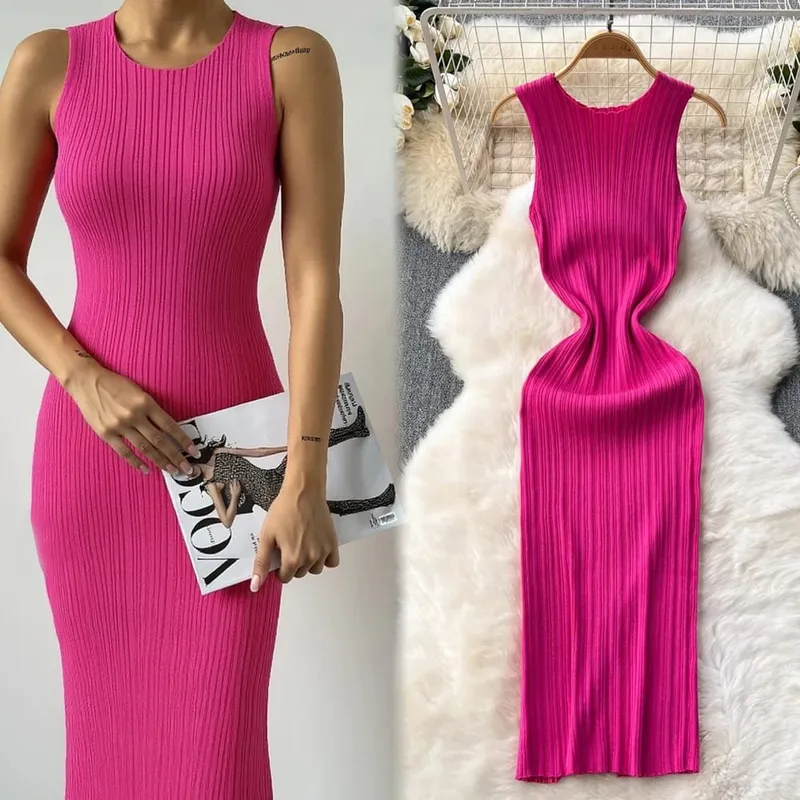 YuooMuoo Chic Fashion Sexy Wrap Hips Knitted Maxi Dress 2026 Spring Summer Ribbed Slim Elastic Sleeveless Tank Dress Lady Vestid — image 7