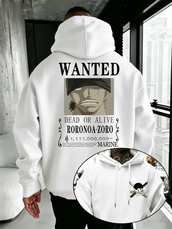 Bandai One Piece Mens Hoodie New Autumn Winter High Quality Warm Pullover Featuring Zoro Wanted Poster Print Casual Style — image 2