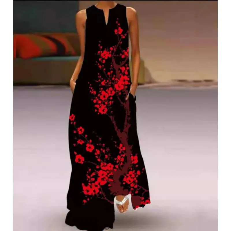Women Dresses 2026 New summer wear sleeveless long dress V-neck printed emerald flower dress women's clothing vestidoes — image 15