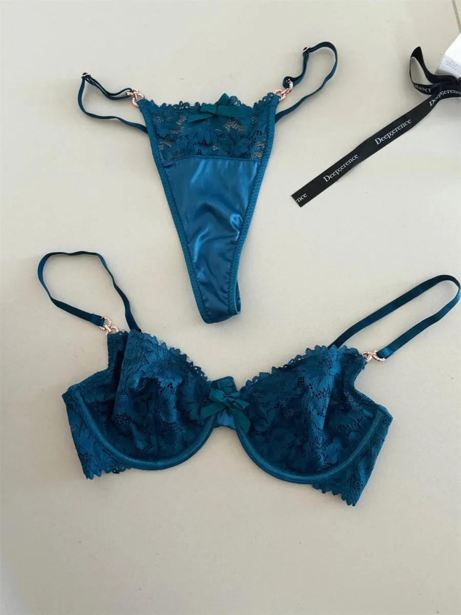 Charming niche satin treasure blue lingerie lace sexy thin steel ring top support natipon bra set women underwear — image 6