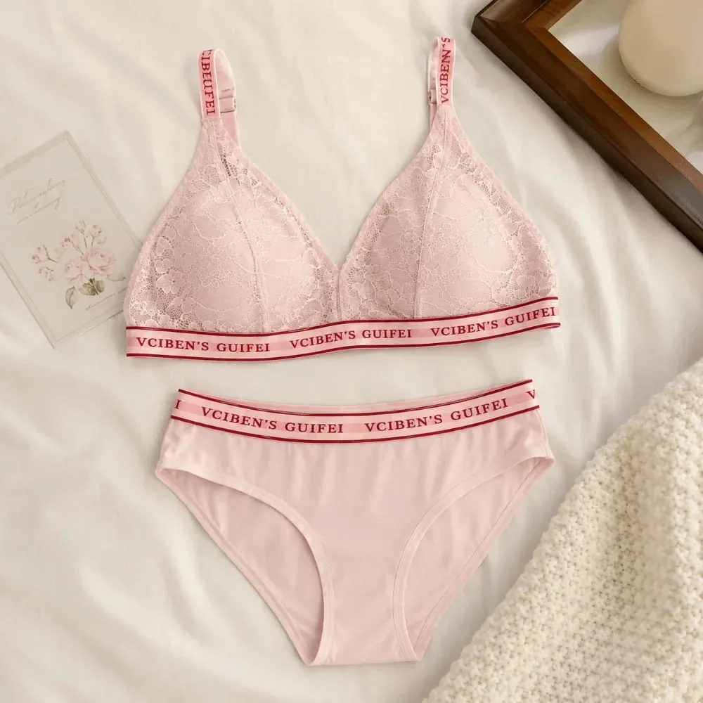 Comfortable Letter Design Lingerie Set Deep V Wireless Women Underwear Suit Color Blocking Lace Bra Panties Set Gift — image 4