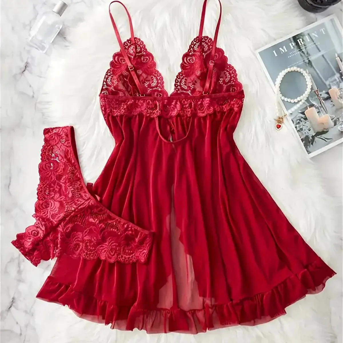 Novo azul contraste renda plissado guarnição lingerie conjunto profundo v vestido e tanga sexy roupa interior feminina sutiã oco calcinha estilingue — image 4