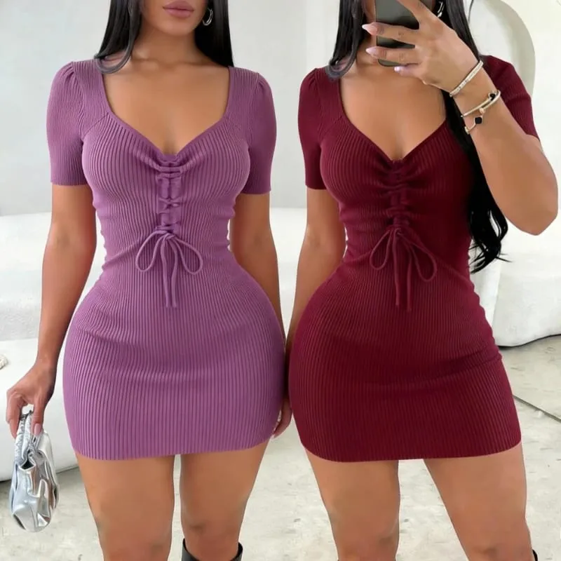 Women Purple Ribbed Knit Dress V Neck Lace Up Front Puff Sleeve Bodycon Mini Slim Fit Sexy Casual Party Korean Style All Season — image 3