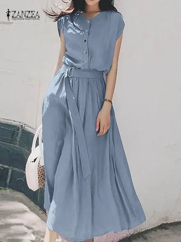 2025 ZANZEA Dammode Kortärmad Klänning Sommar Elegant Fest Vestidos Casual Mid-calf Soldress Femme Vintage OL Robe Kaftan