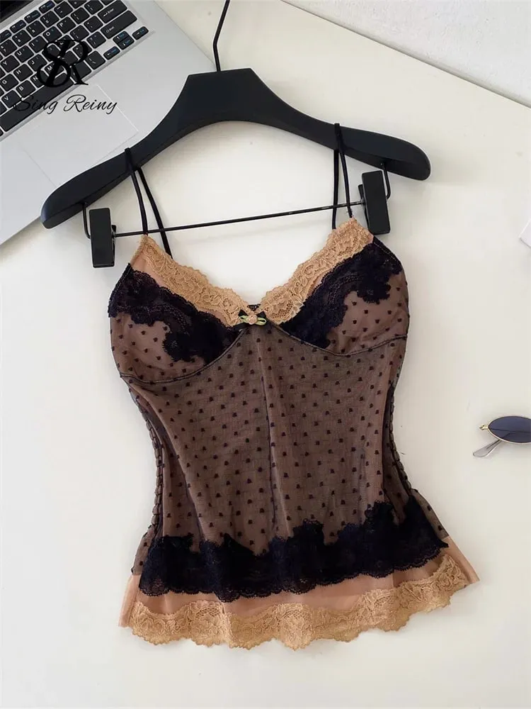 Polka Dot Mesh Lace Top French V Neck Shirred Stretchy Slim Backless Female Tank Top Summer Y2K Sensual Lazy Camisole — image 2