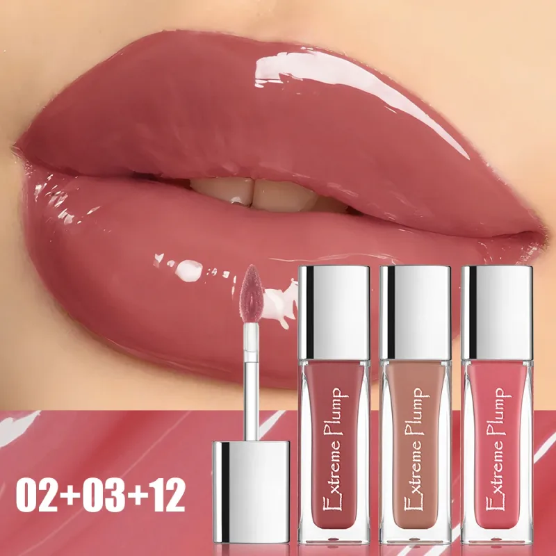 3 pezzi di lucidalabbra paffuto estremo set finitura in vetro a specchio idratante a lunga durata smalto per labbra rossetto liquido nudo impermeabile non appiccicoso — image 3