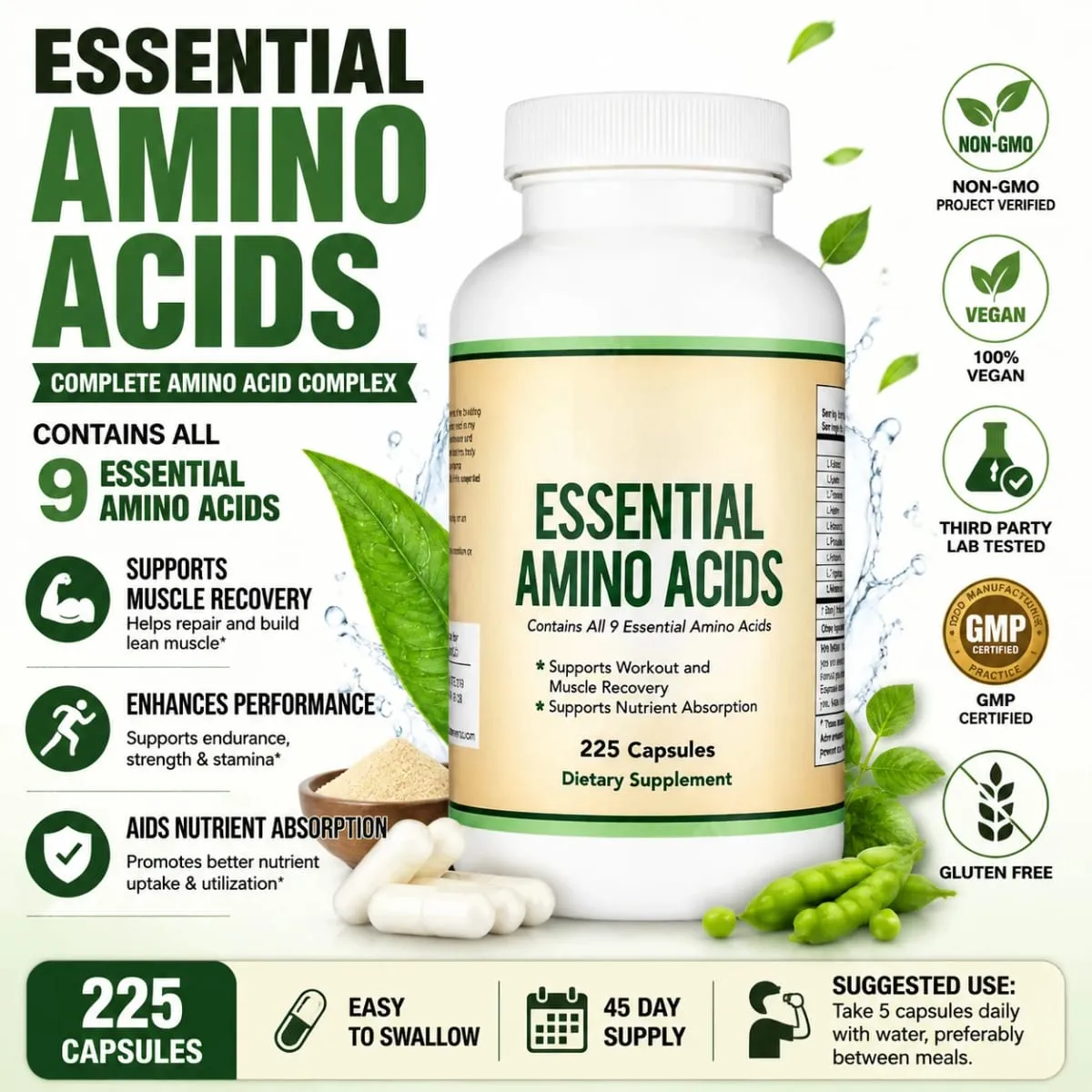 Essential Amino Acids 225 Capsules – All 9 Essential Aminos for Muscle Support & Nutrient Absorption — image 1