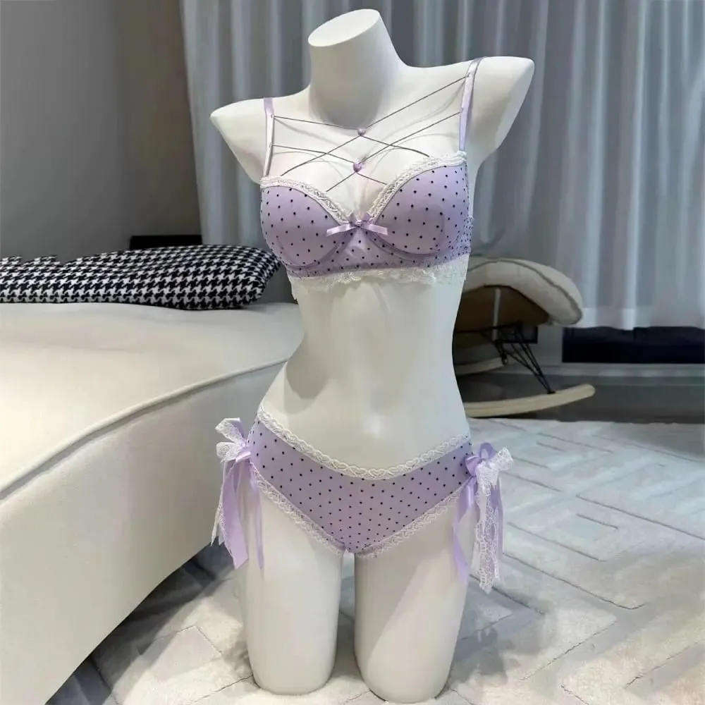 Beautiful Dots Lace Bra Set Bowknots Lace-up Bra Panties Set Love Heart Intimates Push Up Bra Women Romantic Evenings — image 3