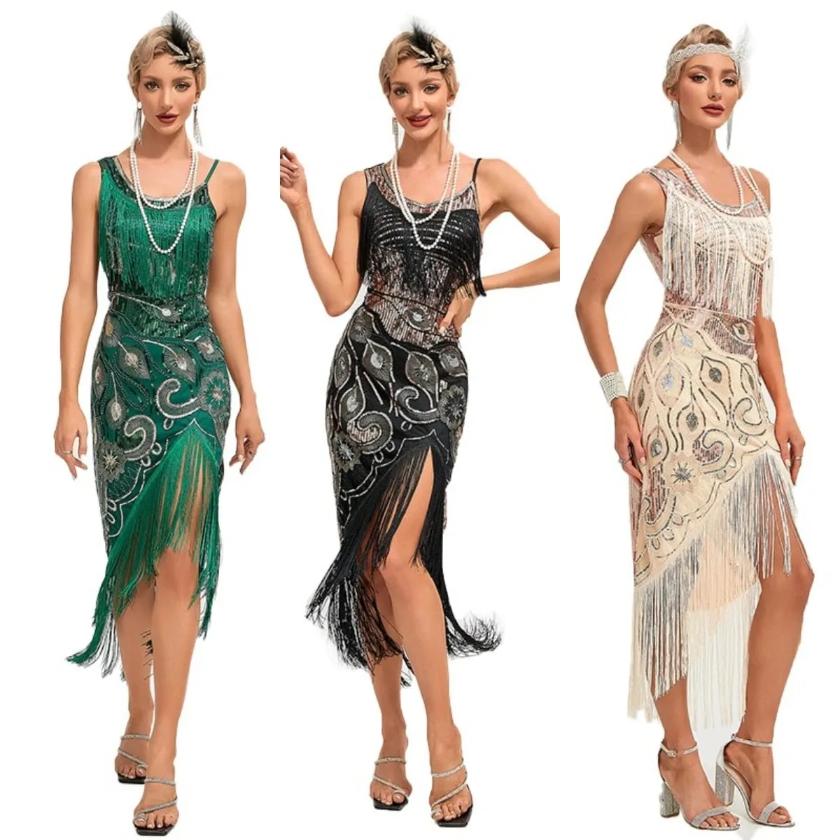 Vestido de lantejoulas 1920s retro borla pavão padrão vestido grande gatsby cocktail festa charleston vestido de dança bola longo vestido de noite — image 2