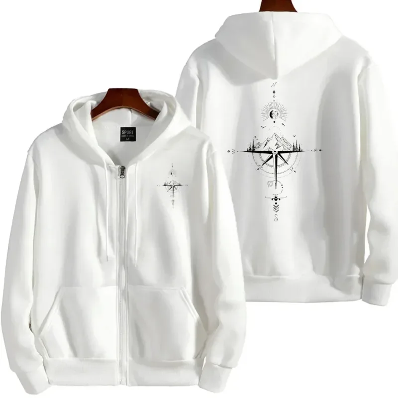 Vintage Compass Print Zip Huvtröjor för män Långärmad tröja med huva av hög kvalitet Vinter Dagligt Fritidssport Toppar Herrkläder — image 5