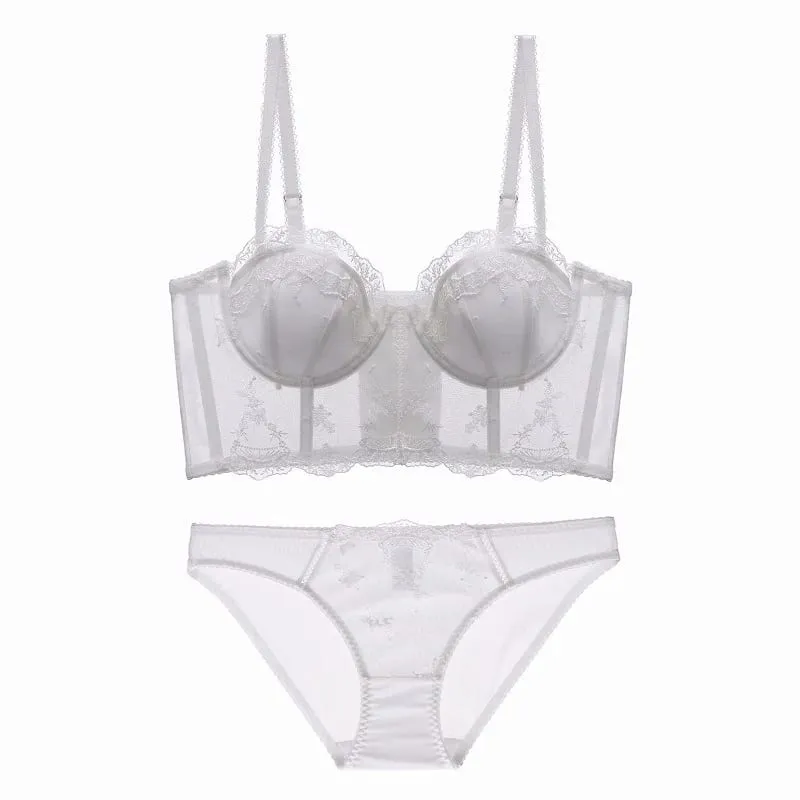 Espartilho francês espinha de peixe, conjunto de lingerie de renda feminina, sutiã fino push-up, menos busto, suporte lateral, roupa íntima 32-38