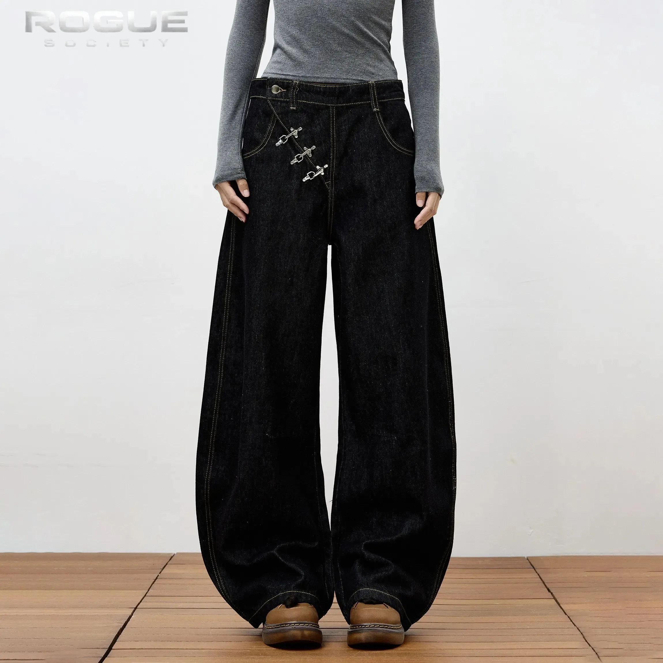 High Retro Hip Hop Wide Leg Raw Denim Jeans Women Airplane Buckle Design Curved Hem Floor Length Jeans Streetwear Daily Clothes — image 2