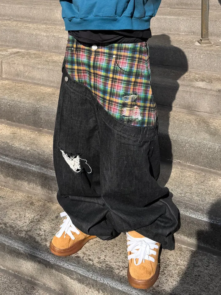 Y2k Harajuku Baggy Jeans Retro Plaid Patchwork Men And Women Wide Leg Pants American Hip Hop Streetwear Casual Jeans — image 2